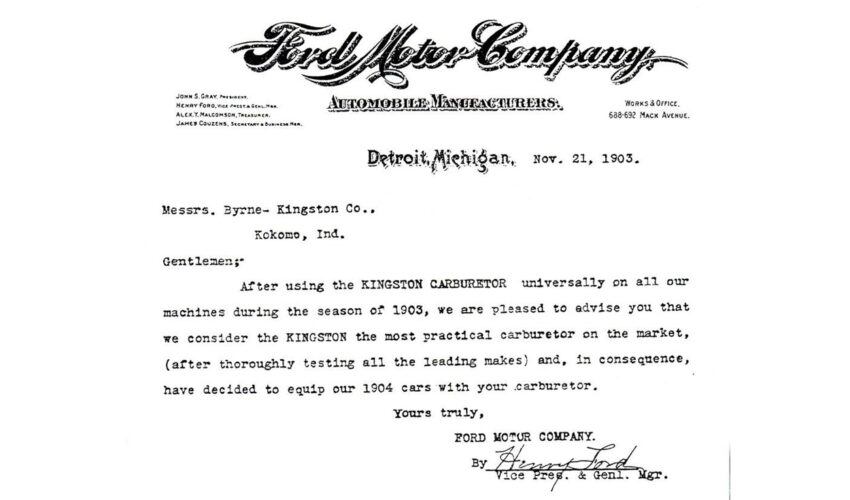 Letter from Ford Motor Company, 1903. Courtesy Howard County Historical Society.