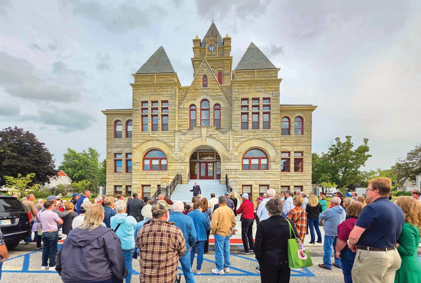 The community of Winamac gathered in September to mark the completed rehabilitation of the once-threatened Pulaski County Courthouse. PHOTO: Todd Zeiger